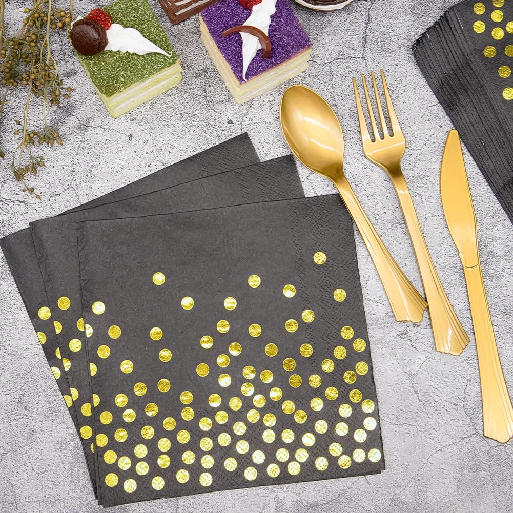 Black and Gold Party Supplies, 350PCS Disposable Dinnerware Set Inclueds Black Gold Dot Paper