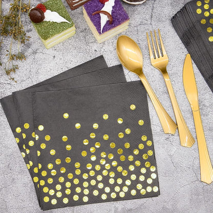 Black and Gold Party Supplies, 350PCS Disposable Dinnerware Set Inclueds Black Gold Dot Paper