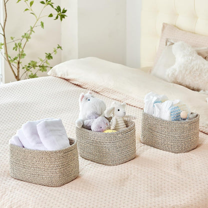 Small Cotton Rope Storage Basket Set of 3-11"x7"x7" Perfect Woven Baskets for Storage, Ideal
