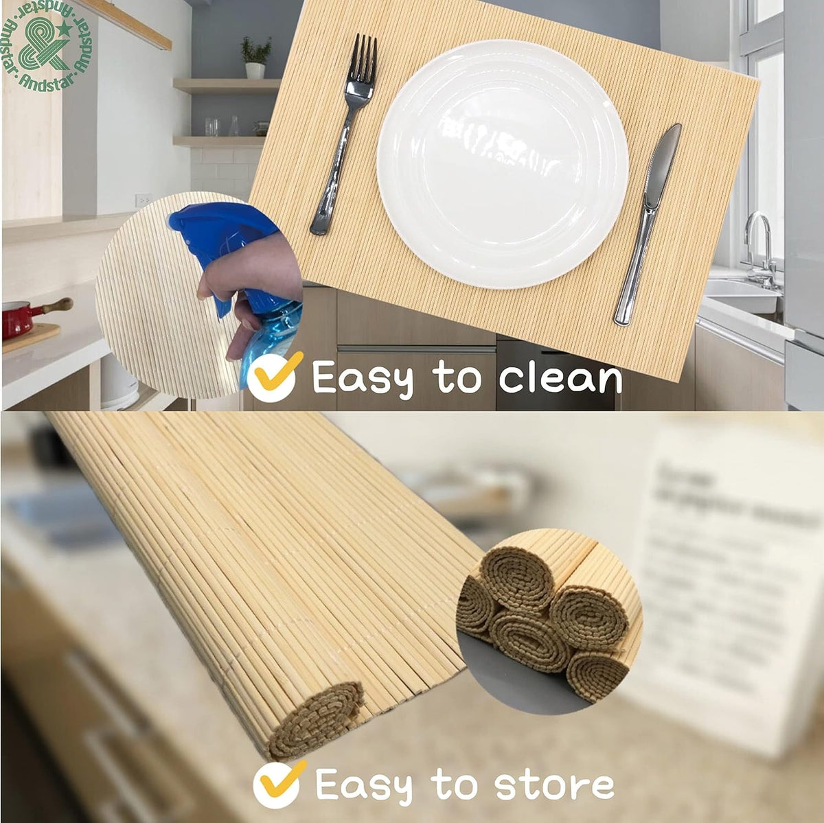 ANDSTAR Bamboo Placemats Set of 8 Waterproof - 12x18 Inch Reusable Table Mats for Dining