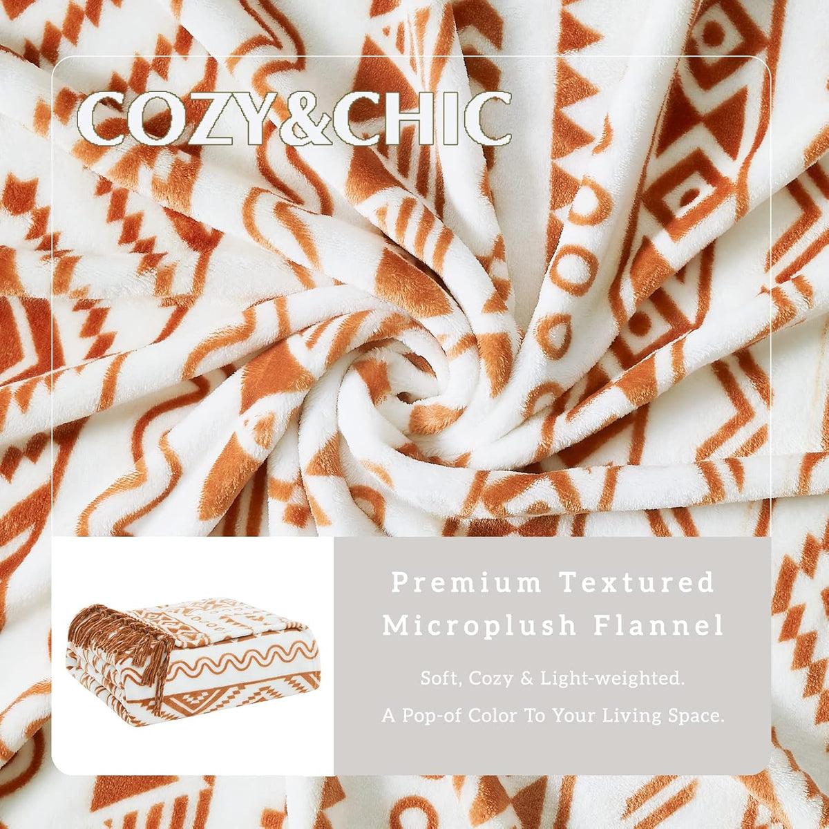 CASAAGUSTO Boho Throw Blanket - Terrcotta Decorative Blankets with Tassel, Printed Flannel Bohemian