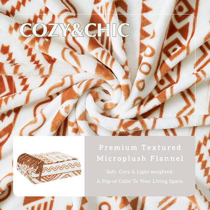 CASAAGUSTO Boho Throw Blanket - Terrcotta Decorative Blankets with Tassel, Printed Flannel Bohemian
