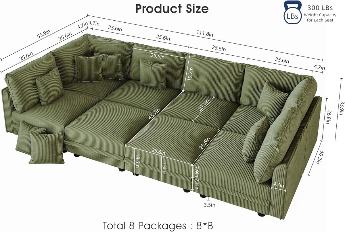LLappuil Modular Sectional Sofa with Storage Seats, Corduroy Convertible Modular U Shaped Sectional