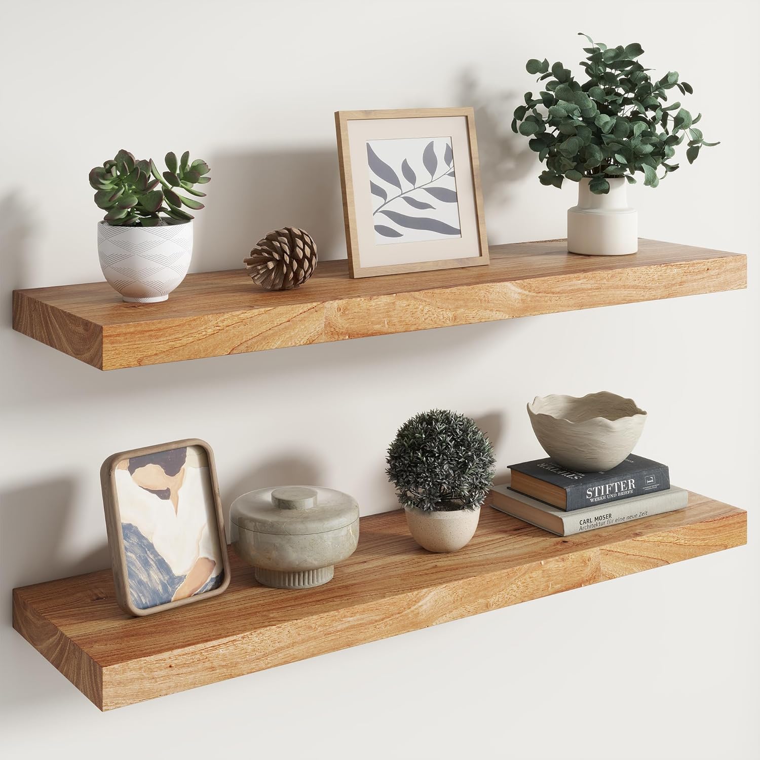 RICHFOCUS Elm Floating Shelves for Wall - 36" W x 9.3" D Rustic Solid Wood Shelves with Invisible