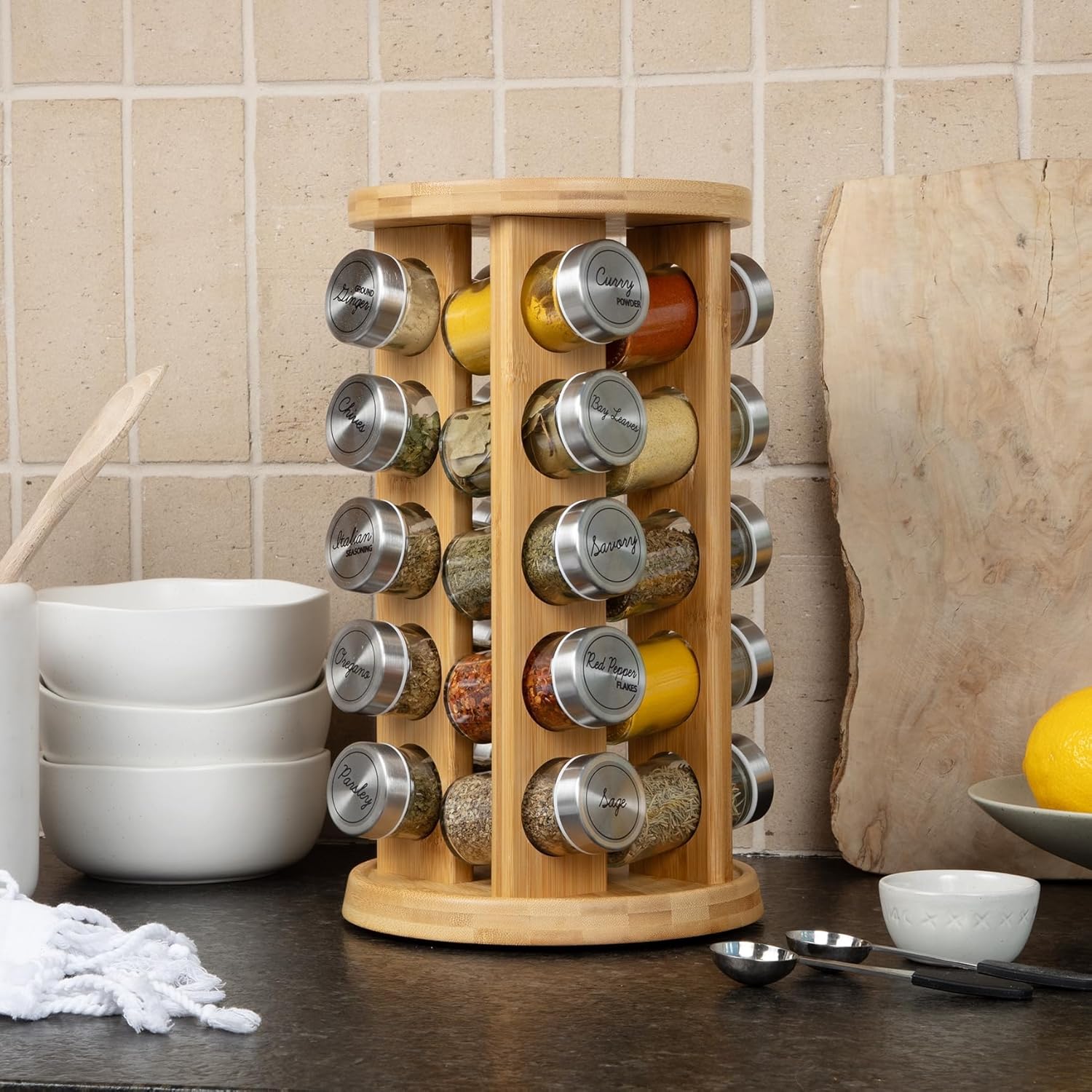 Orii 20 Jar Bamboo Spice Rack with Spices Included - Rotating Tower Organizer for Kitchen Spices
