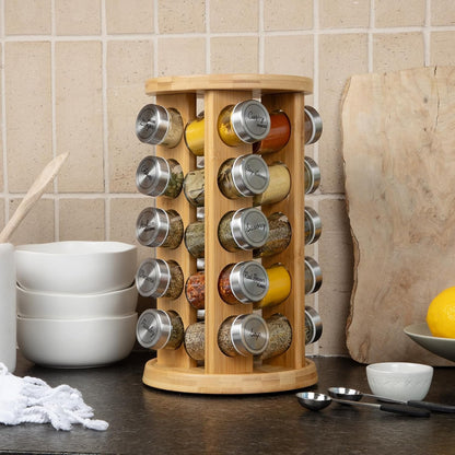 Orii 20 Jar Bamboo Spice Rack with Spices Included - Rotating Tower Organizer for Kitchen Spices