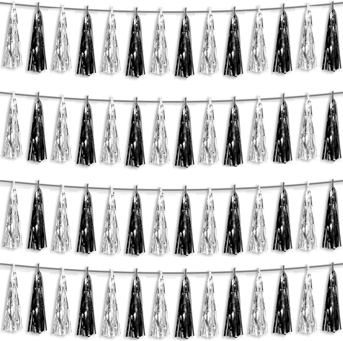4P Black Silver Foil Fringe Metallic Tassel Streamers Banner Tassel Garland for Parade Floats