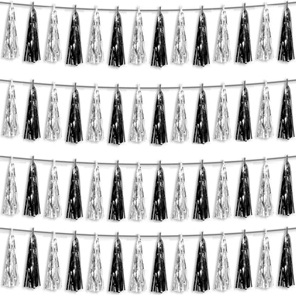 4P Black Silver Foil Fringe Metallic Tassel Streamers Banner Tassel Garland for Parade Floats