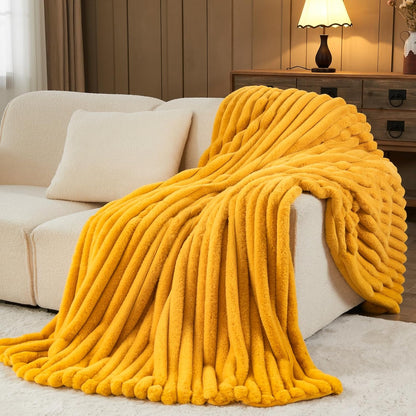 NEWCOSPLAY Faux Fur Throw Blanket Mustard Yellow 3D Ribbed Plush Thick Warm Blanket for Couch Sofa