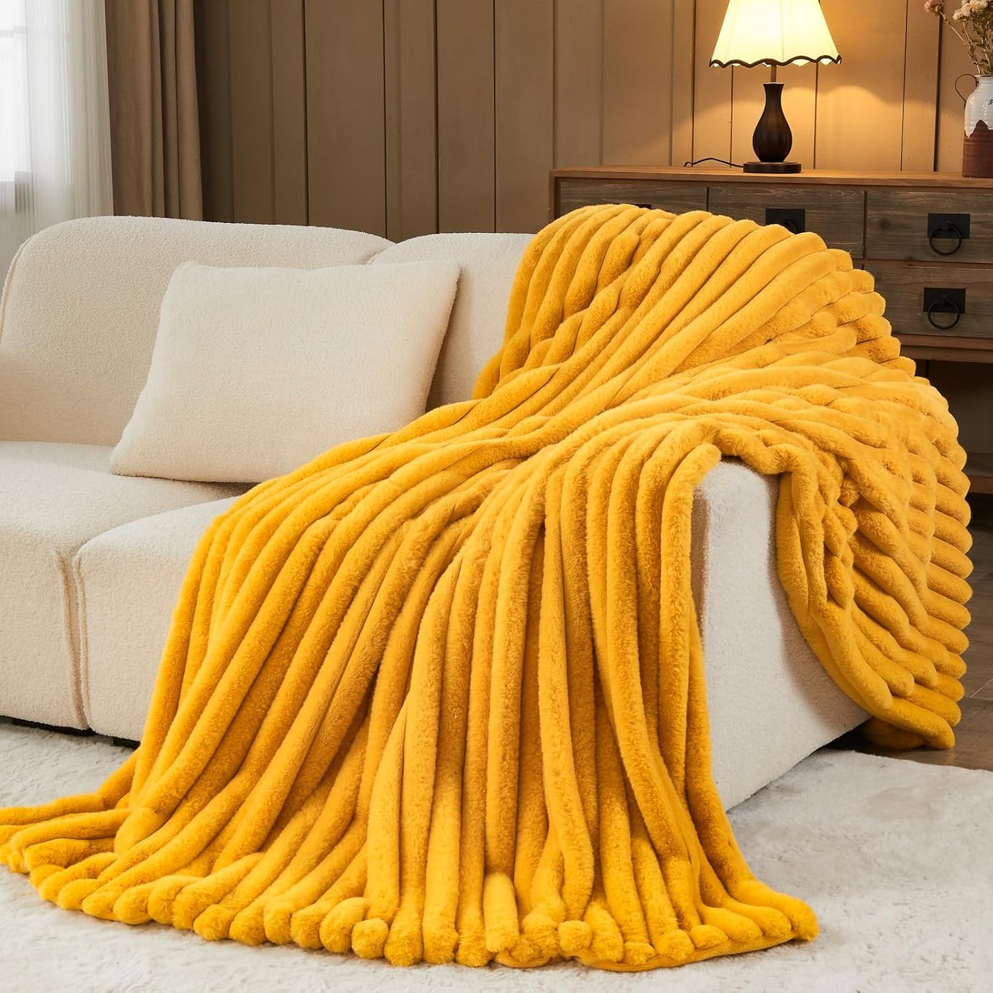 NEWCOSPLAY Faux Fur Twin Blanket Mustard Yellow 3D Ribbed Plush Thick Warm Blanket for Couch Sofa