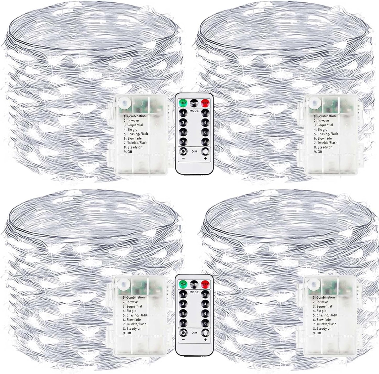4-Pack Fairy Lights Battery Operated with Remote, Waterproof 33FT 100 LED Battery String Lights