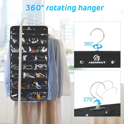 Freegrace Hanging Jewelry Organizer Revolving Hanger - Secure Zipper Closure - 25 Pockets,23 Hooks
