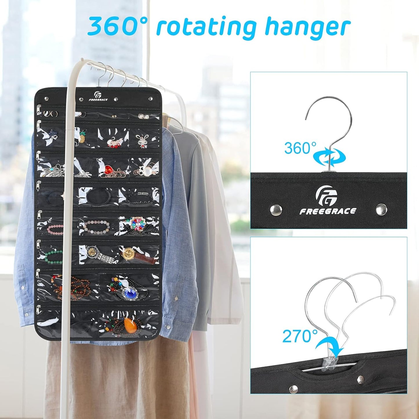 Freegrace Hanging Jewelry Organizer Revolving Hanger - Secure Zipper Closure - 50 Pockets