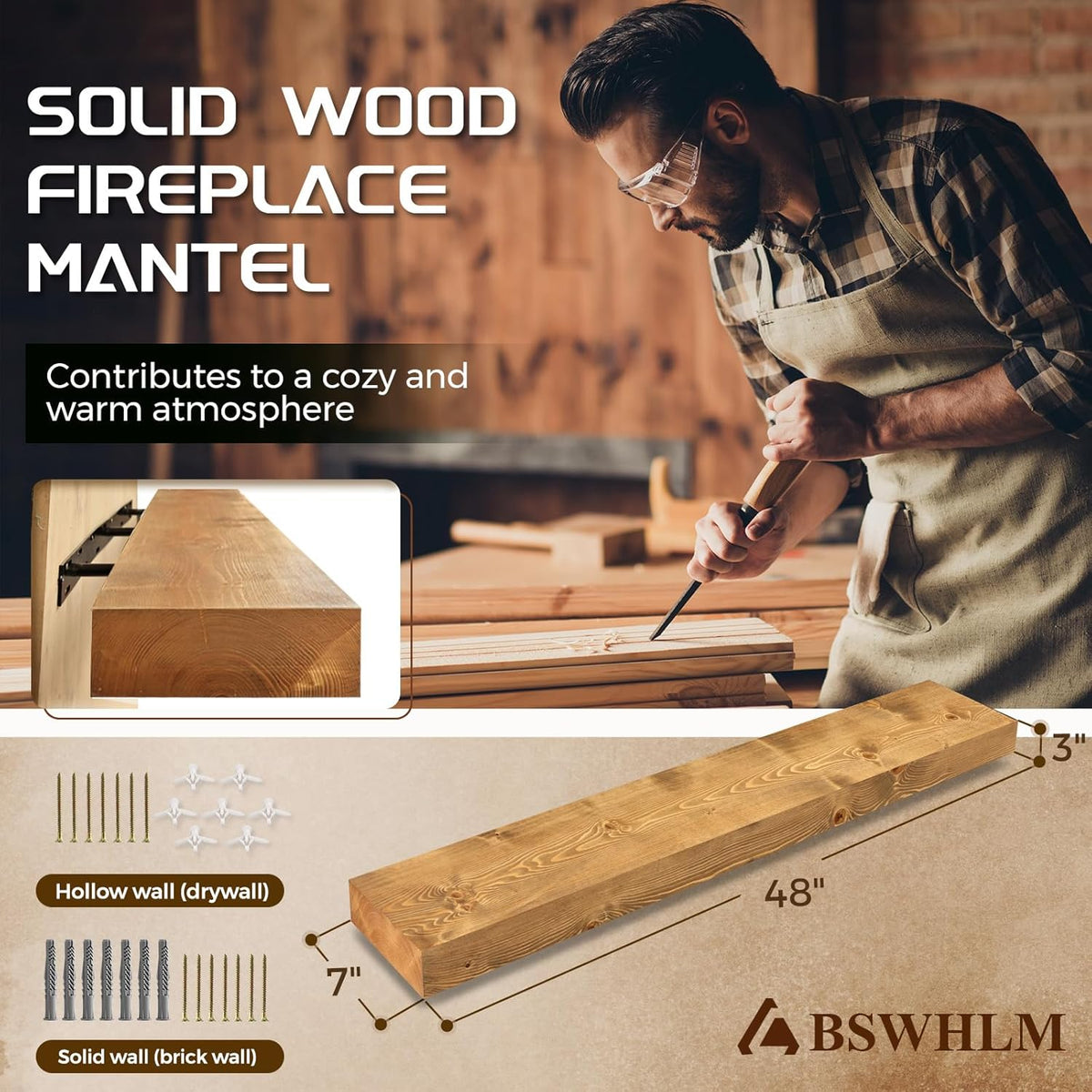 48x7x3 Fireplace Mantel - Solid Rustic Wood - Wall Mounted Floating Shelf with Invisible Heavy Duty