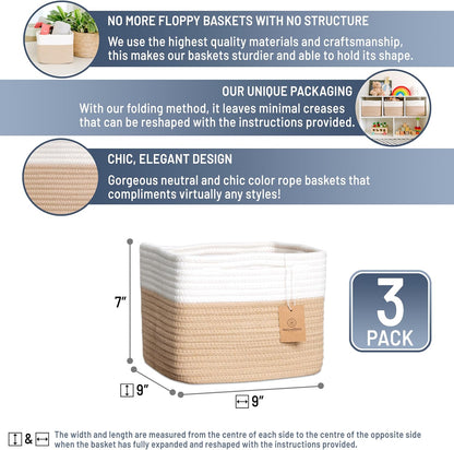 NaturalCozy Storage Cubes 9”x9”x7”Cotton Rope Woven Baskets for Organizing 3-Pack | 9 Inch Cube