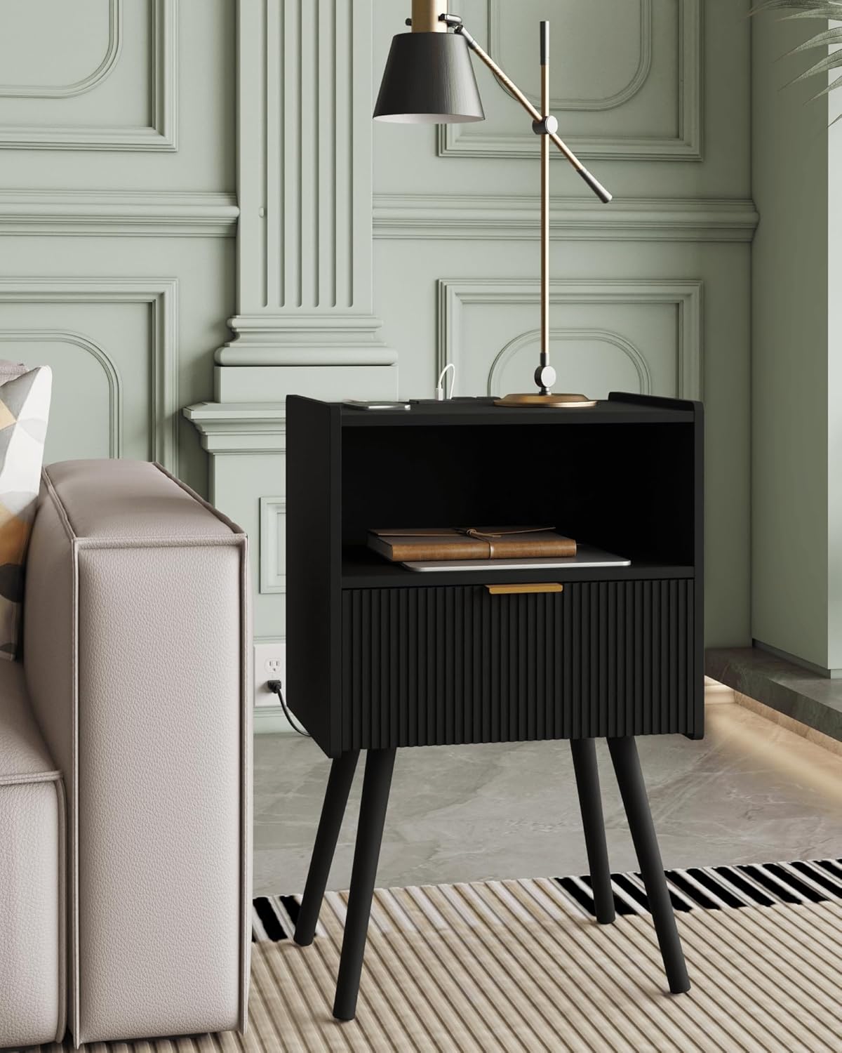 Nightstand,Modern Bedside Table with Storage Drawer and Open Wood Shelf, Accent Night Stand with