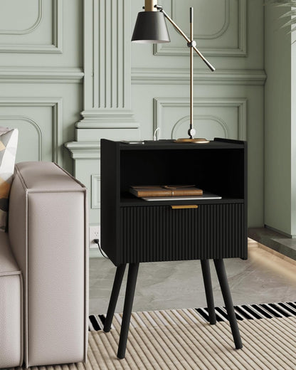 Nightstand,Modern Bedside Table with Storage Drawer and Open Wood Shelf, Accent Night Stand with