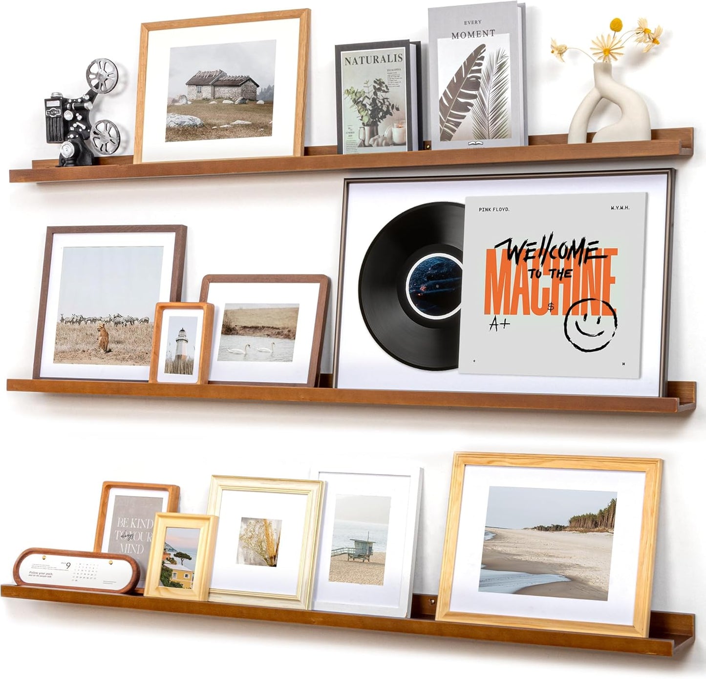 Picture Ledge Wall Shelves 56 inches Width Set of 3, Solid Pine Wood Rustic Floating Ledge Shelves
