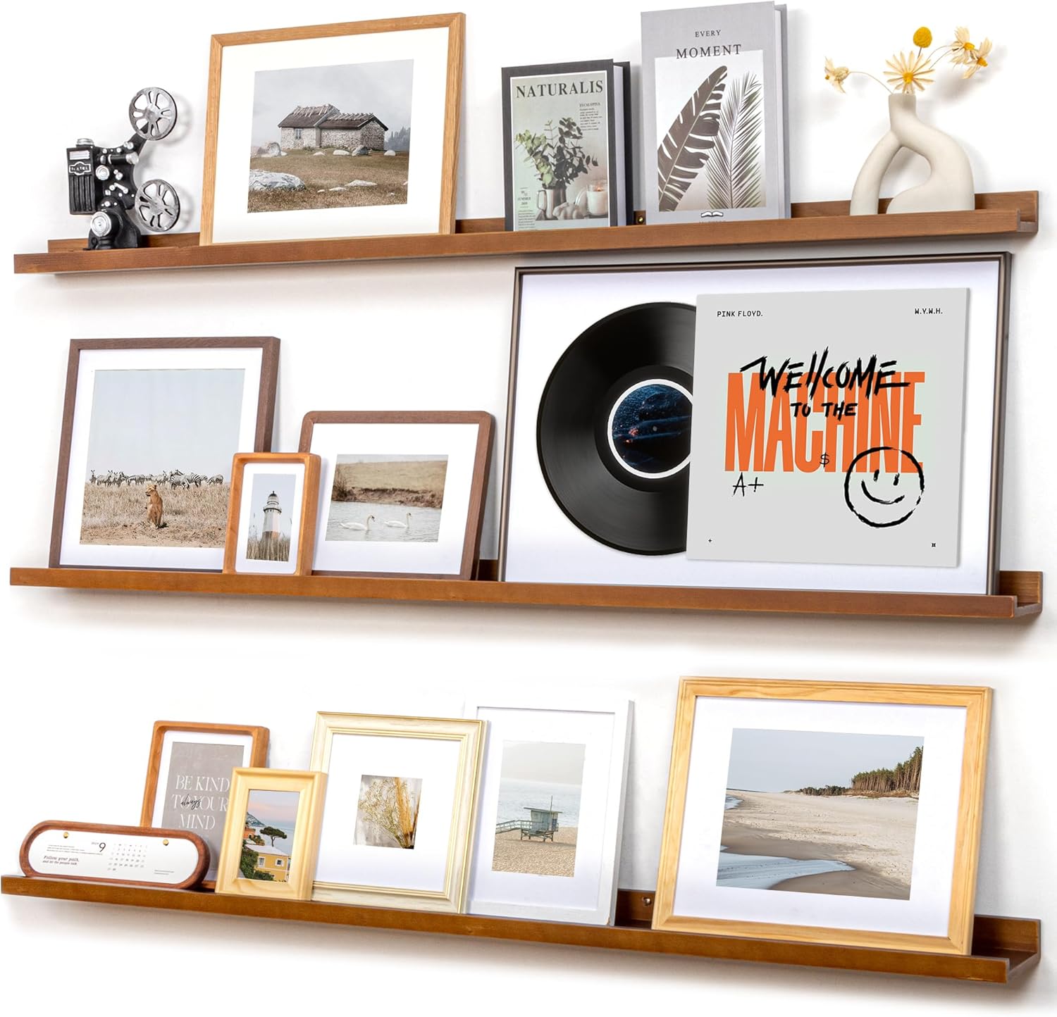 Picture Ledge Wall Shelves 56 inches Width Set of 3, Solid Pine Wood Rustic Floating Ledge Shelves