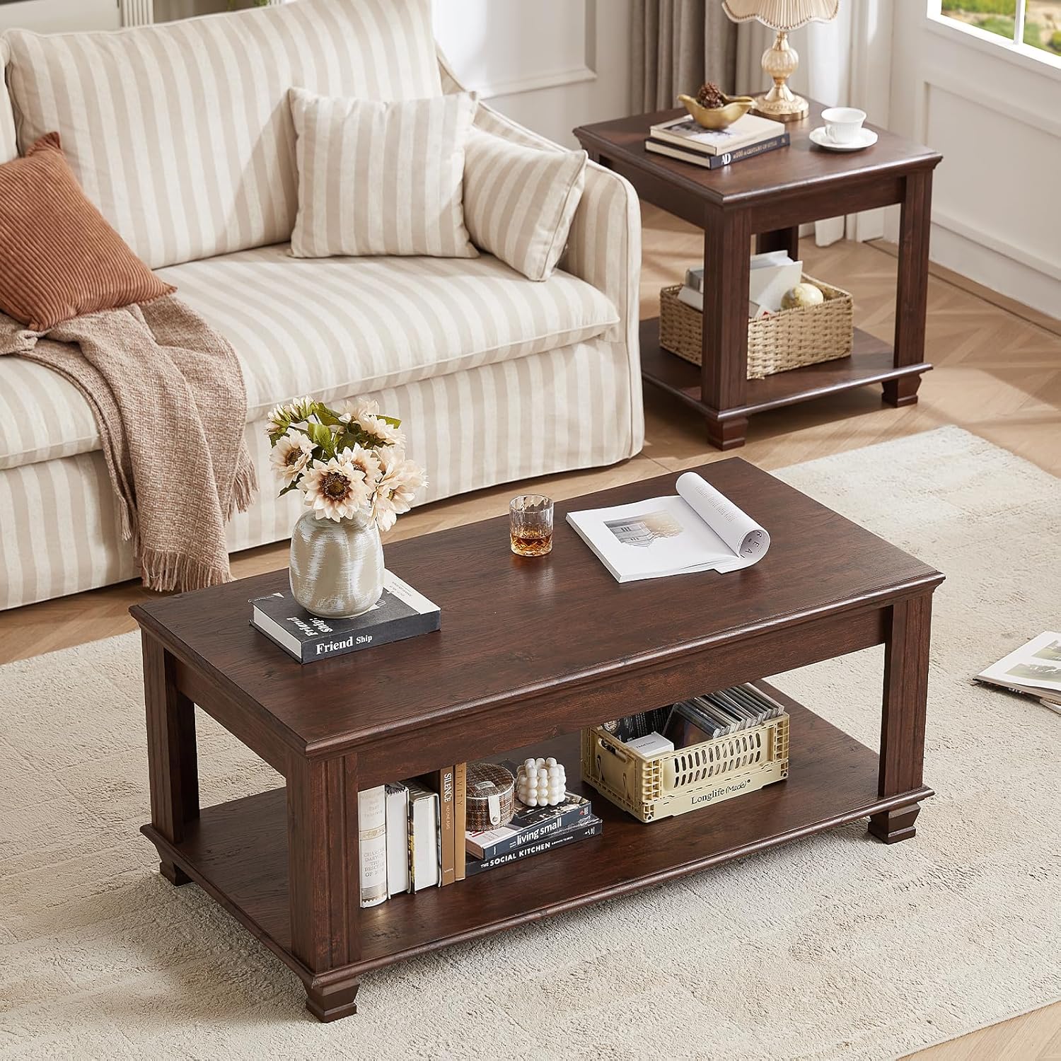 Farmhouse Coffee Tables for Living Room,Square Living Room Tables with Open Storage Shelf,Large