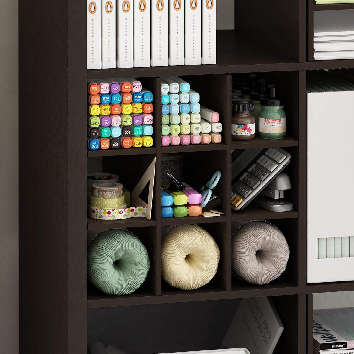 Furinno Cubicle 9-Compartment Cube Insert, Cube Organizer, Black Oak