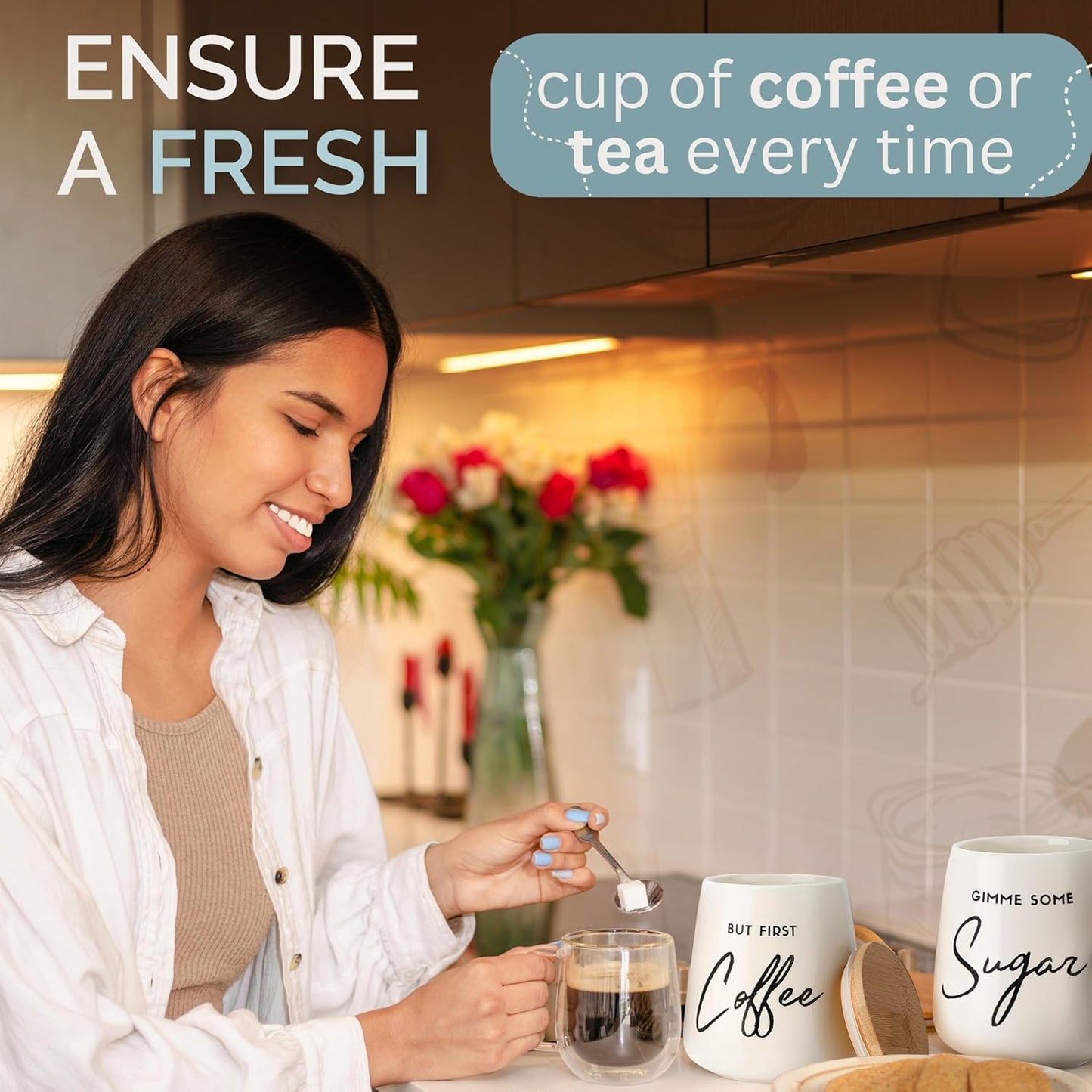 Coffee Tea and Sugar Ceramic Canister Set - 3-Piece Airtight Kitchen Canisters for Countertop