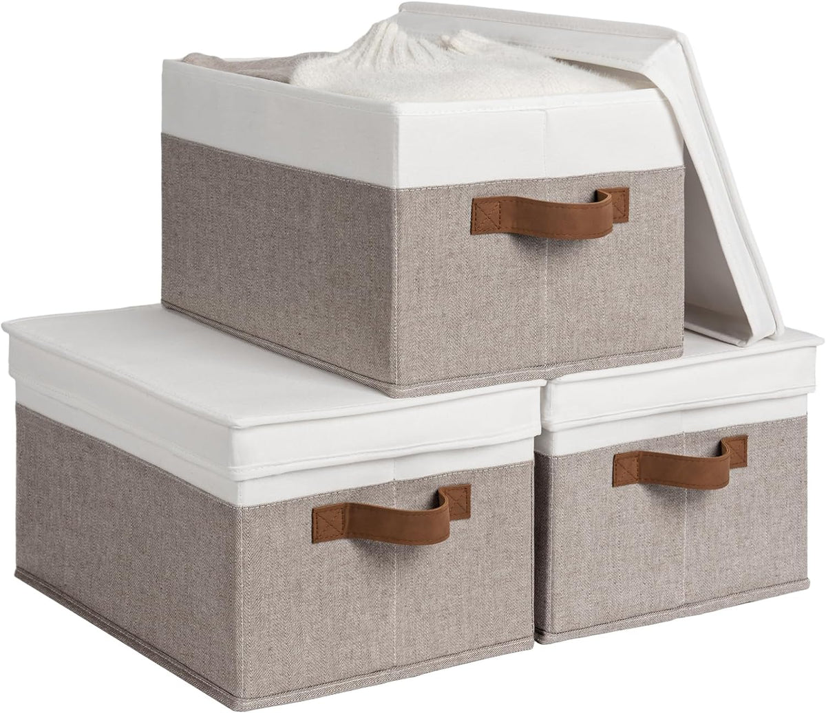 StorageWorks Large Storage Bins with Lids, Decorative Storage Boxes with Lid and PU Handles