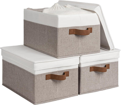 StorageWorks Large Storage Bins with Lids, Decorative Storage Boxes with Lid and PU Handles