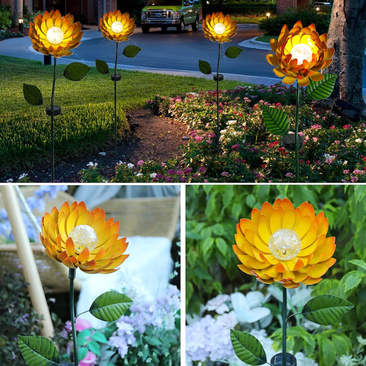 VCUTEKA Solar Garden Lights Metal Flower Decor Colorful Yellow Flowers Solar Pathway Light with LED