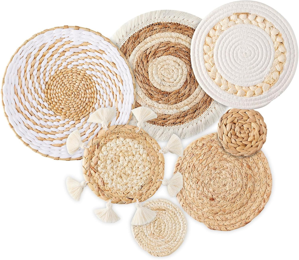 7 Pack Boho Wall Basket Decor - Seagrass Rattan Wicker Wall Decor Round Handmade Hanging Rustic
