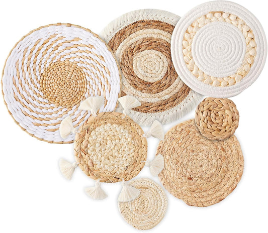 7 Pack Boho Wall Basket Decor - Seagrass Rattan Wicker Wall Decor Round Handmade Hanging Rustic