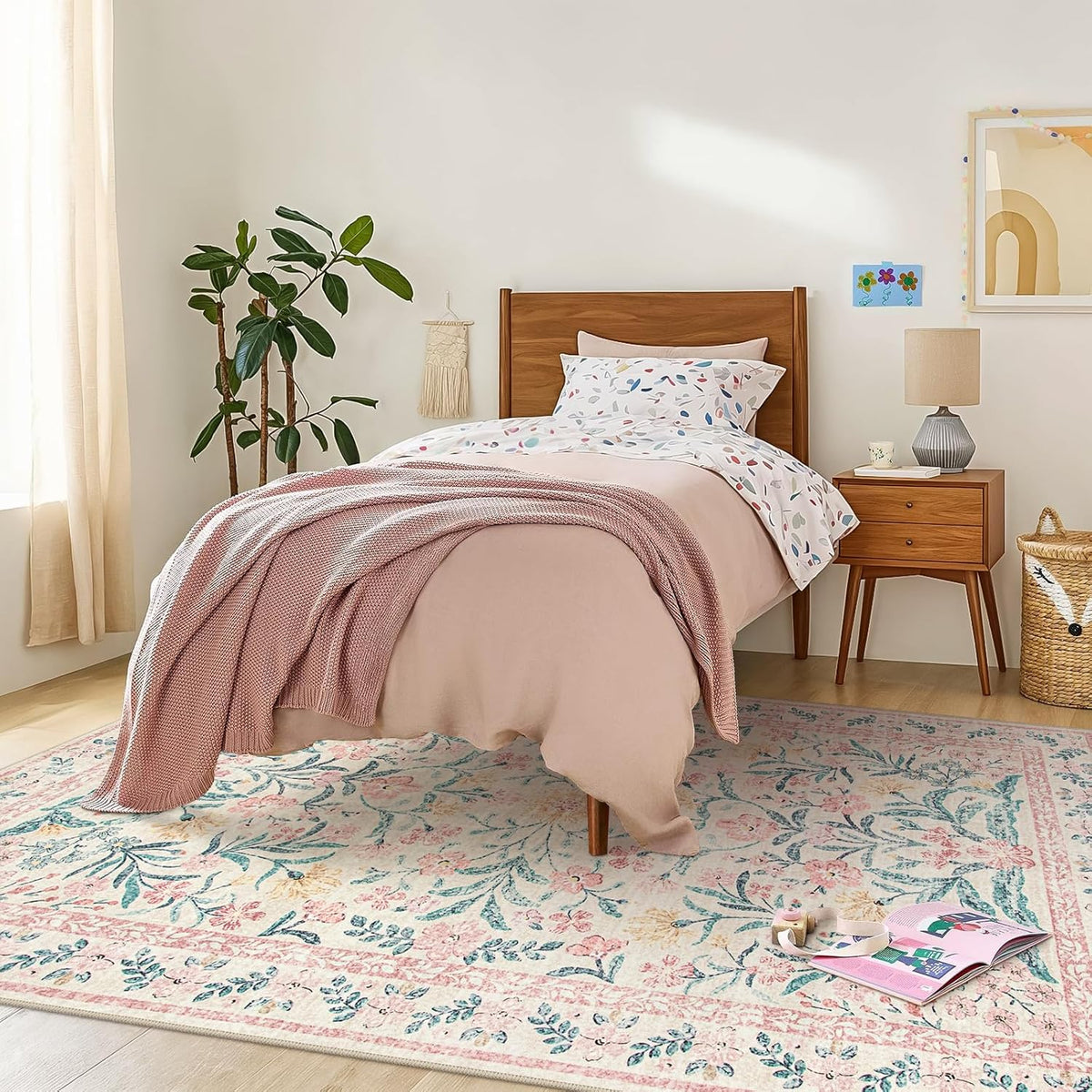 Wonnitar 8 x 10 Area Rugs for Living Room, Boho Large Washable Bedroom Rug 8x10, Soft Pink Floral