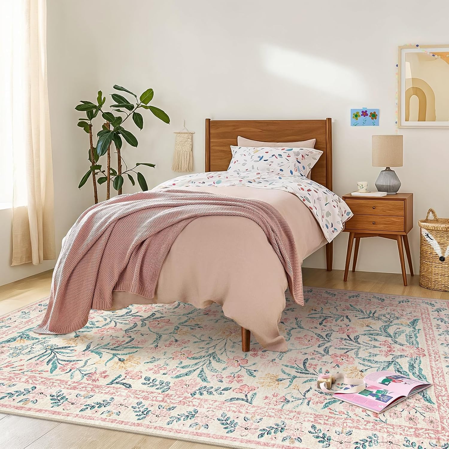 Wonnitar 8 x 10 Area Rugs for Living Room, Boho Large Washable Bedroom Rug 8x10, Soft Pink Floral