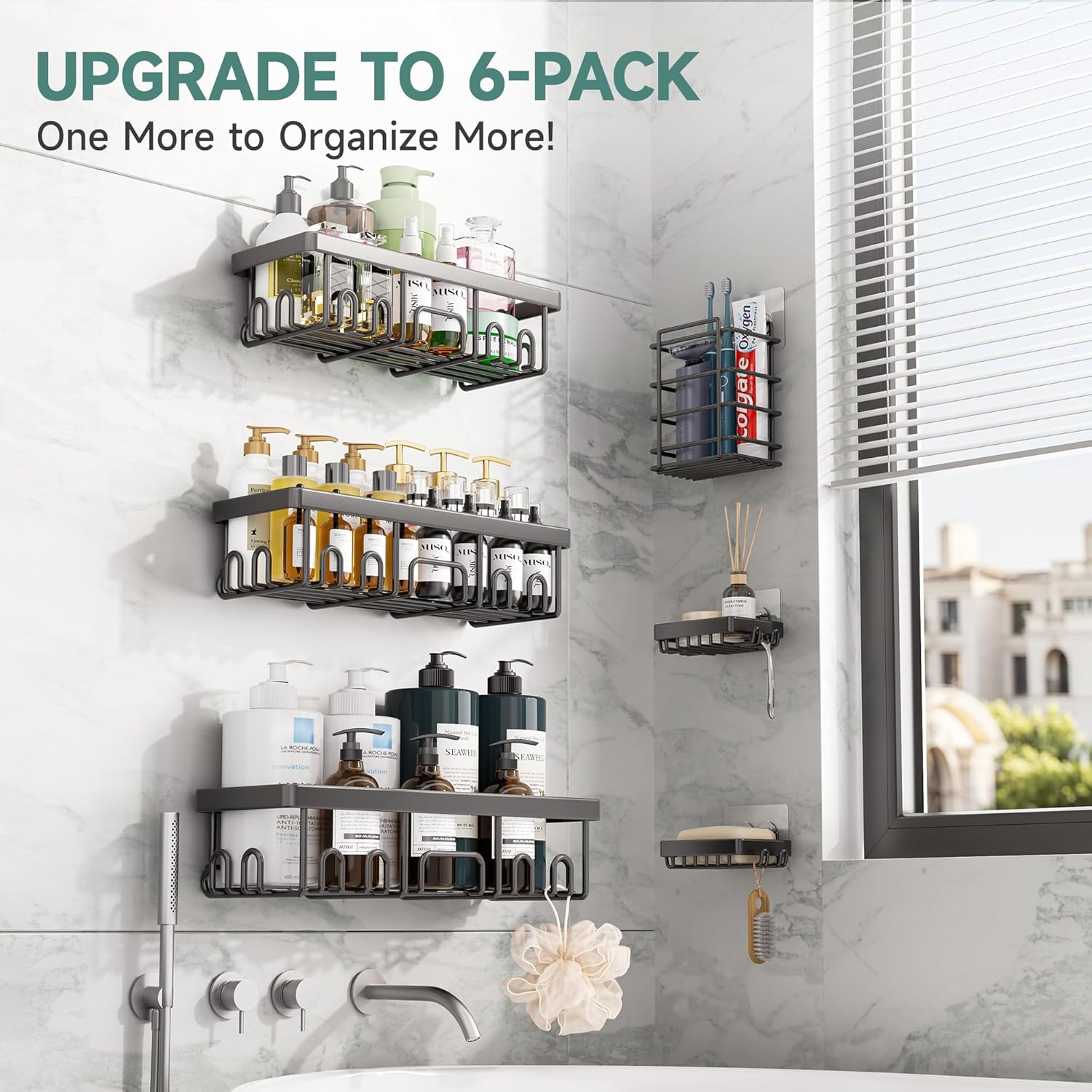 Veken Rustproof & Waterproof Shower Caddy 6-Pack, No Drilling Adhesive Shelves Rack with Soap