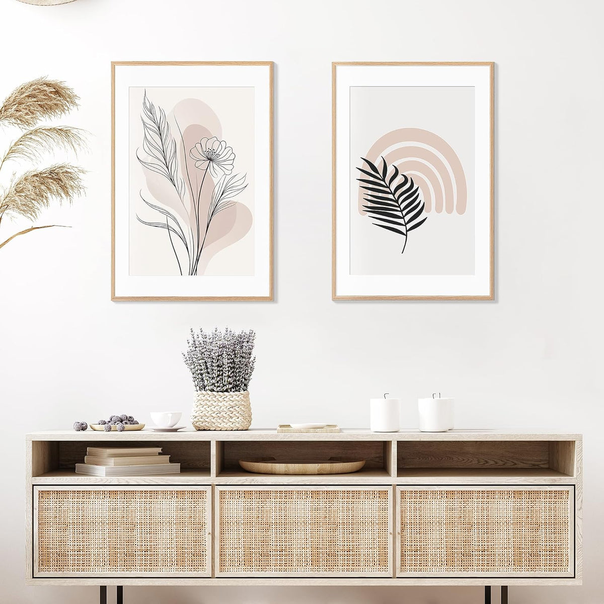 24x36 Poster Frame Set of 2 Natural Solid Oak Photo Frames with 20x30 Removable Mat Wall Hanging