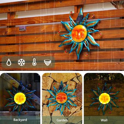 Goodeco Solar Sun Face Wall Art – Metal Outdoor Wall Decor with Solar LED Lights for Garden & Patio