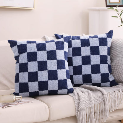 Alysheer Checkered Embroidered Decorative Throw Pillow Covers 18"x 18" Set of 2, Classic Chic Navy