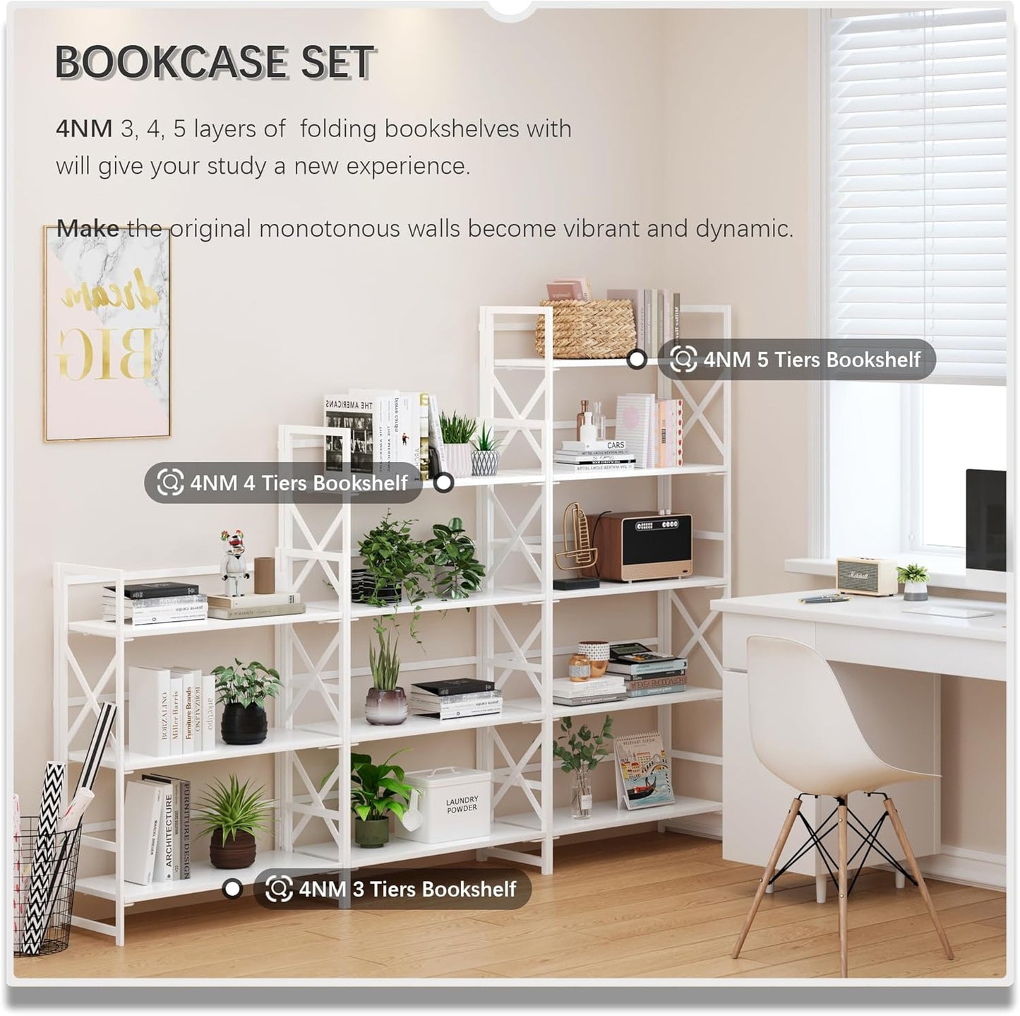 4NM 5 Tiers No Assembly Book Shelves, 51.2" H Folding Bookshelf Bookcase Open Industrial Foldable