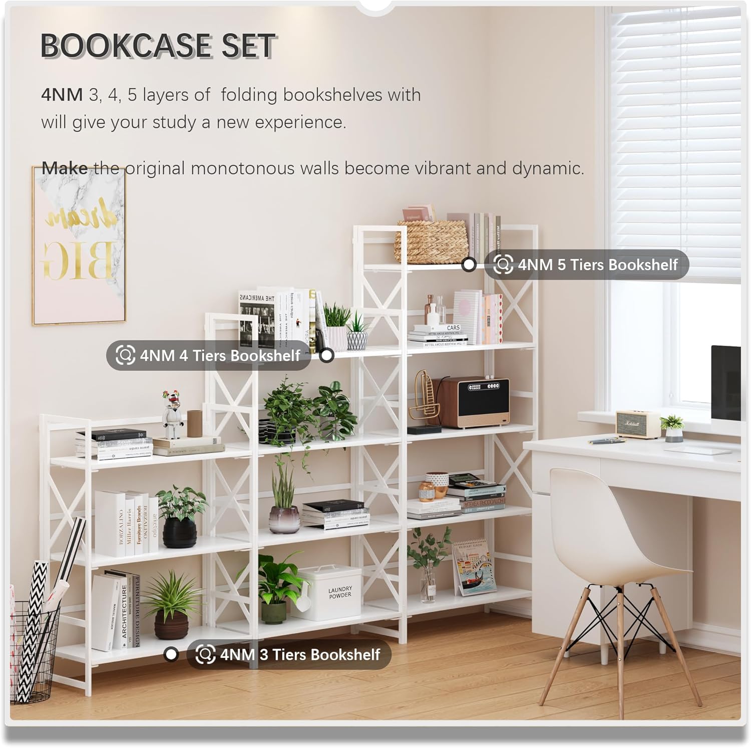4NM 5 Tiers No Assembly Book Shelves, 51.2" H Folding Bookshelf Bookcase Open Industrial Foldable