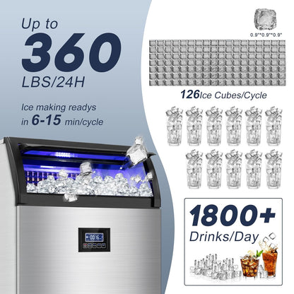 Commercial Ice Maker Machine 360LBS/24H with 80LBS Storage Bin, 126PCS Ice Cubes Ice Machine