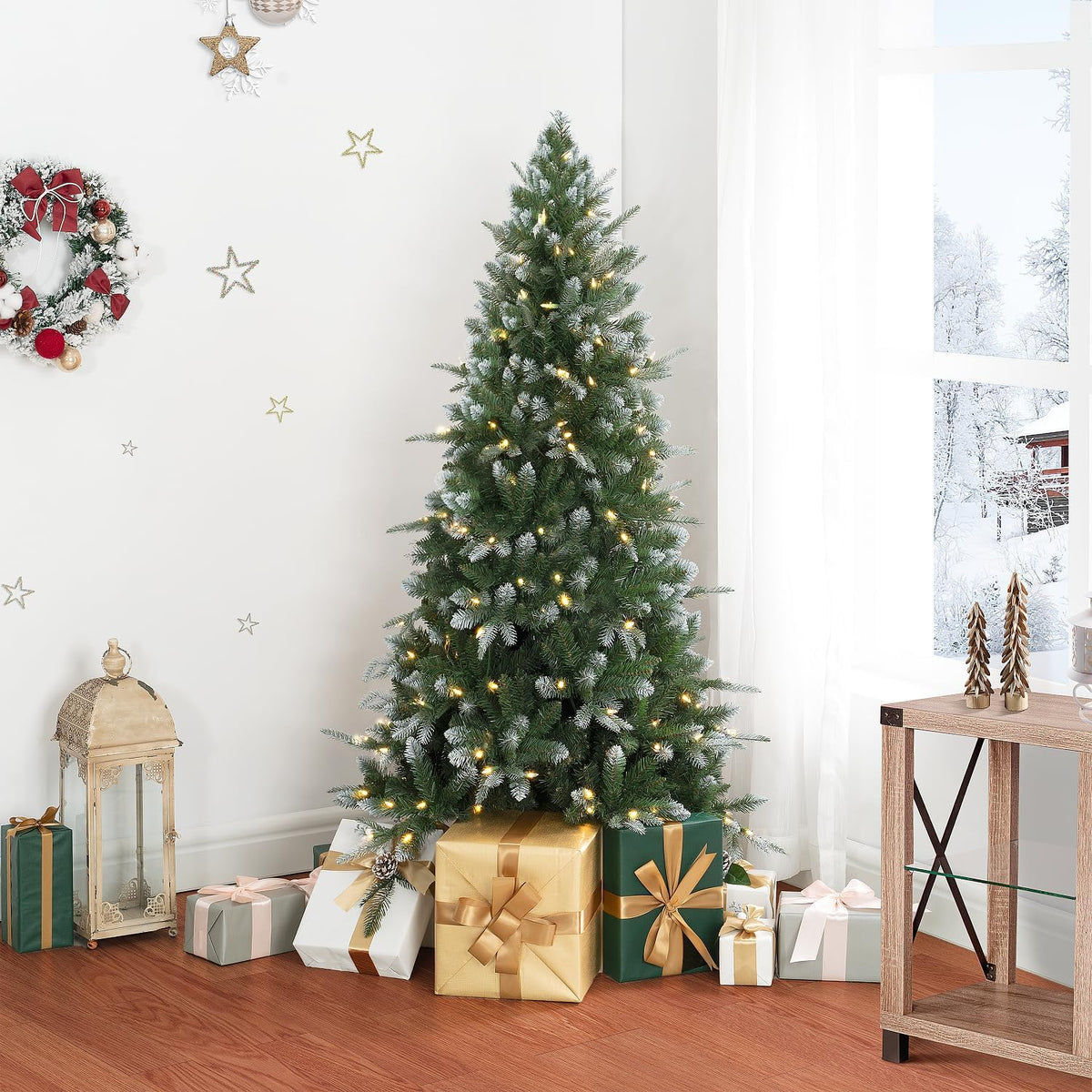 Naomi Home 4.5ft White Tip Christmas Tree with Lights, Realistic Light Snow Flocked Fir Prelit with