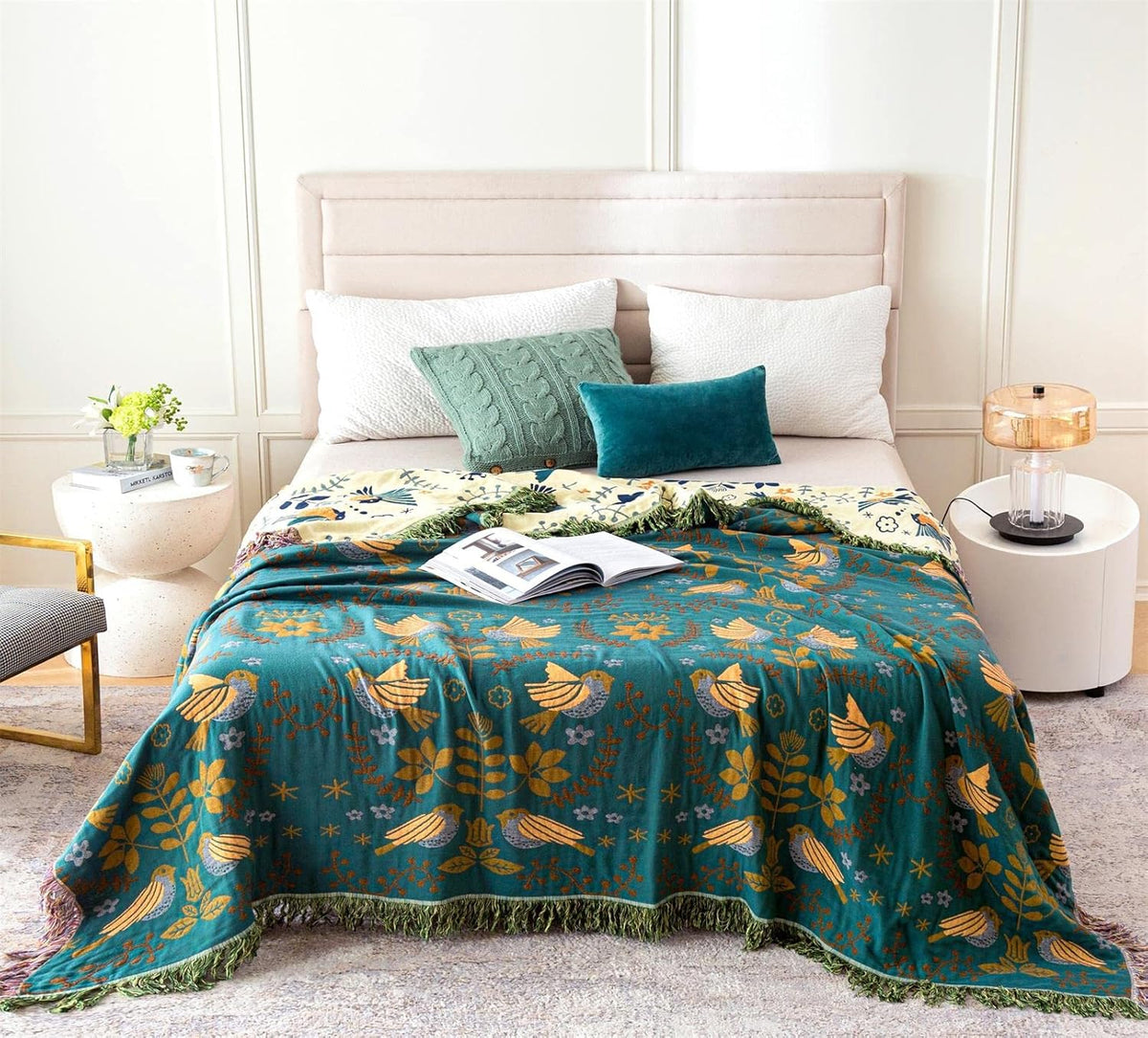 MSGKV Boho Throw Blanket 100% Cotton Blankets for Bed Couch 60''x80'', Soft Summer Blanket Travel