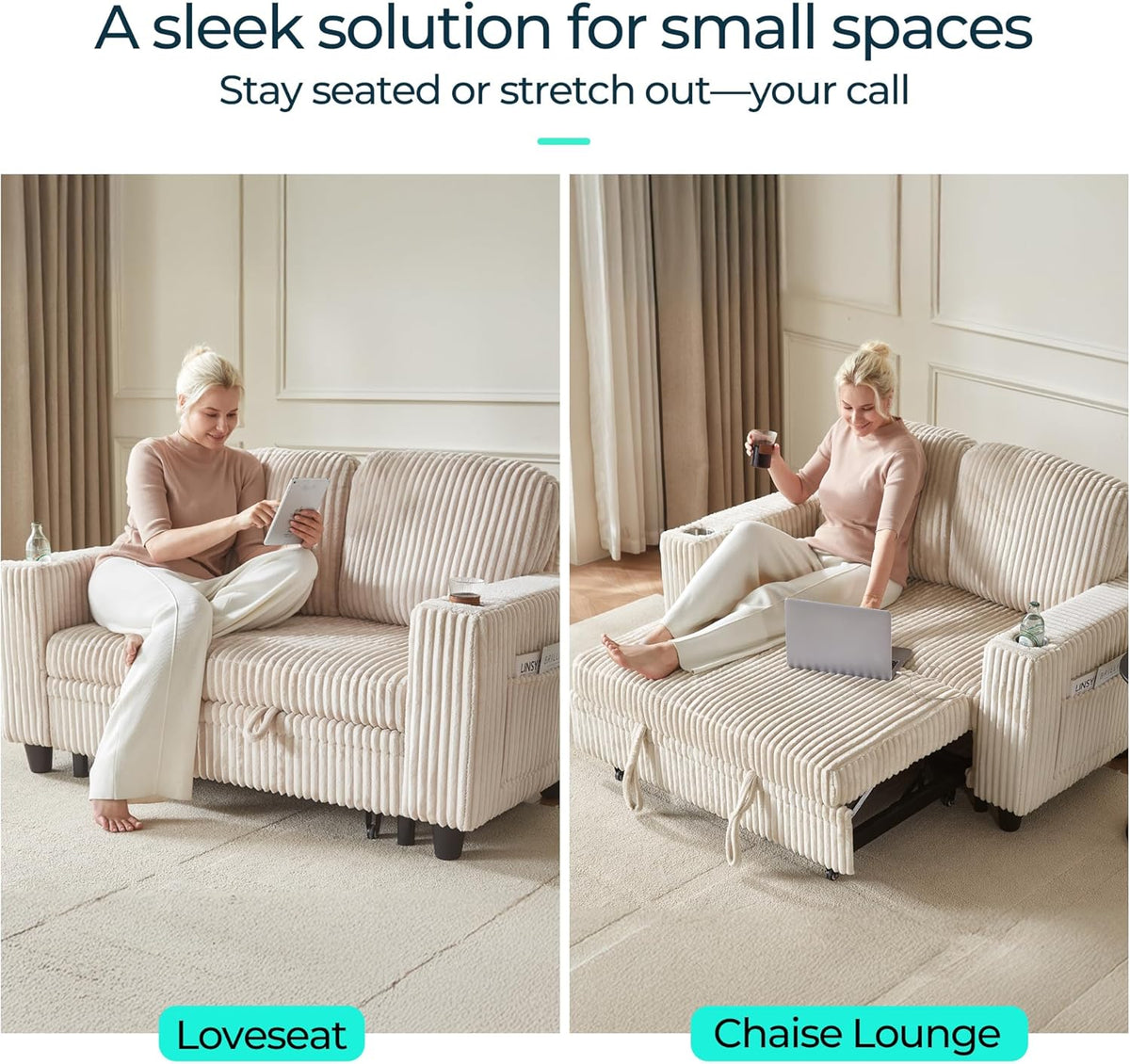 LINSY HOME Loveseat Sofa with Pull Out Couch Chaise: 2-in-1 Convertible 2 Seater Sofa with USB