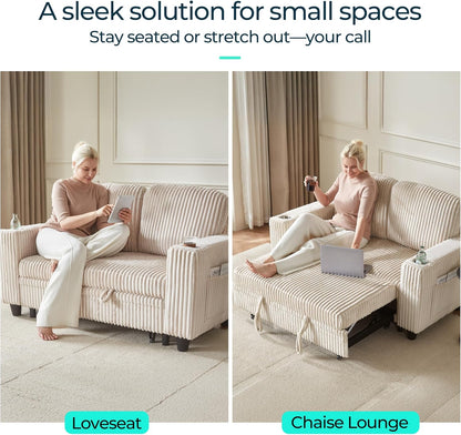 LINSY HOME Loveseat Sofa with Pull Out Couch Chaise: 2-in-1 Convertible 2 Seater Sofa with USB