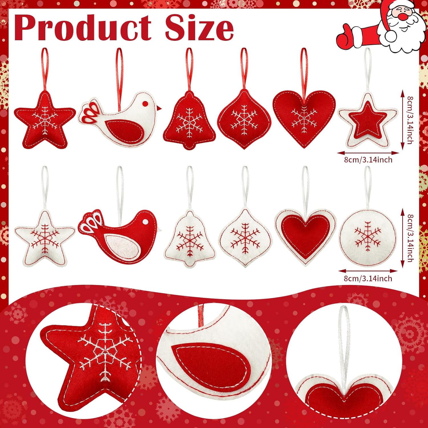12 Pcs Christmas Felt Ornaments for Tree 3D Snowflake Hanging Decorations Classic Red White Hanging