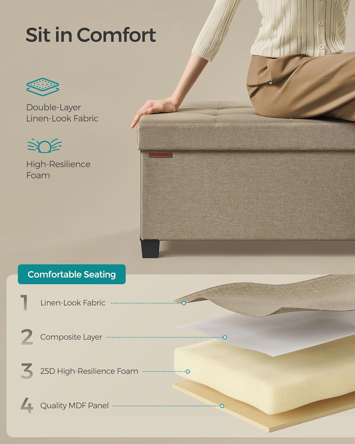 SONGMICS Storage Ottoman Bench, Foldable Foot Rest with Legs, 15 x 43 x 15.7 Inches, End of Bed