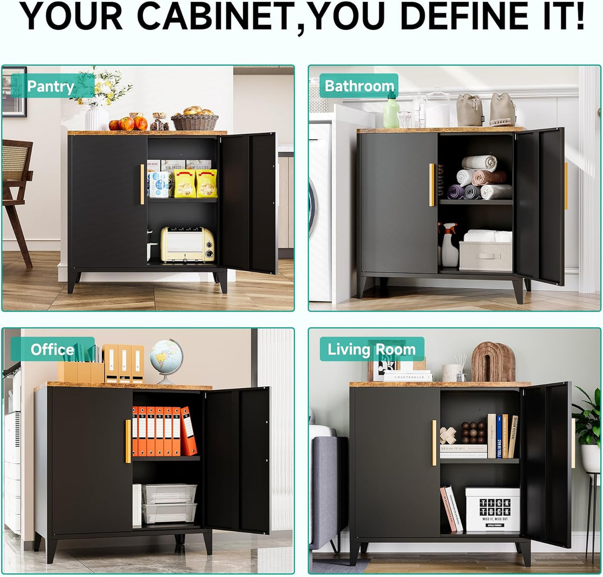 SISESOL Black Storage Cabinet with Doors and Shelves,30 inch Pantry Cabinet Sideboard with