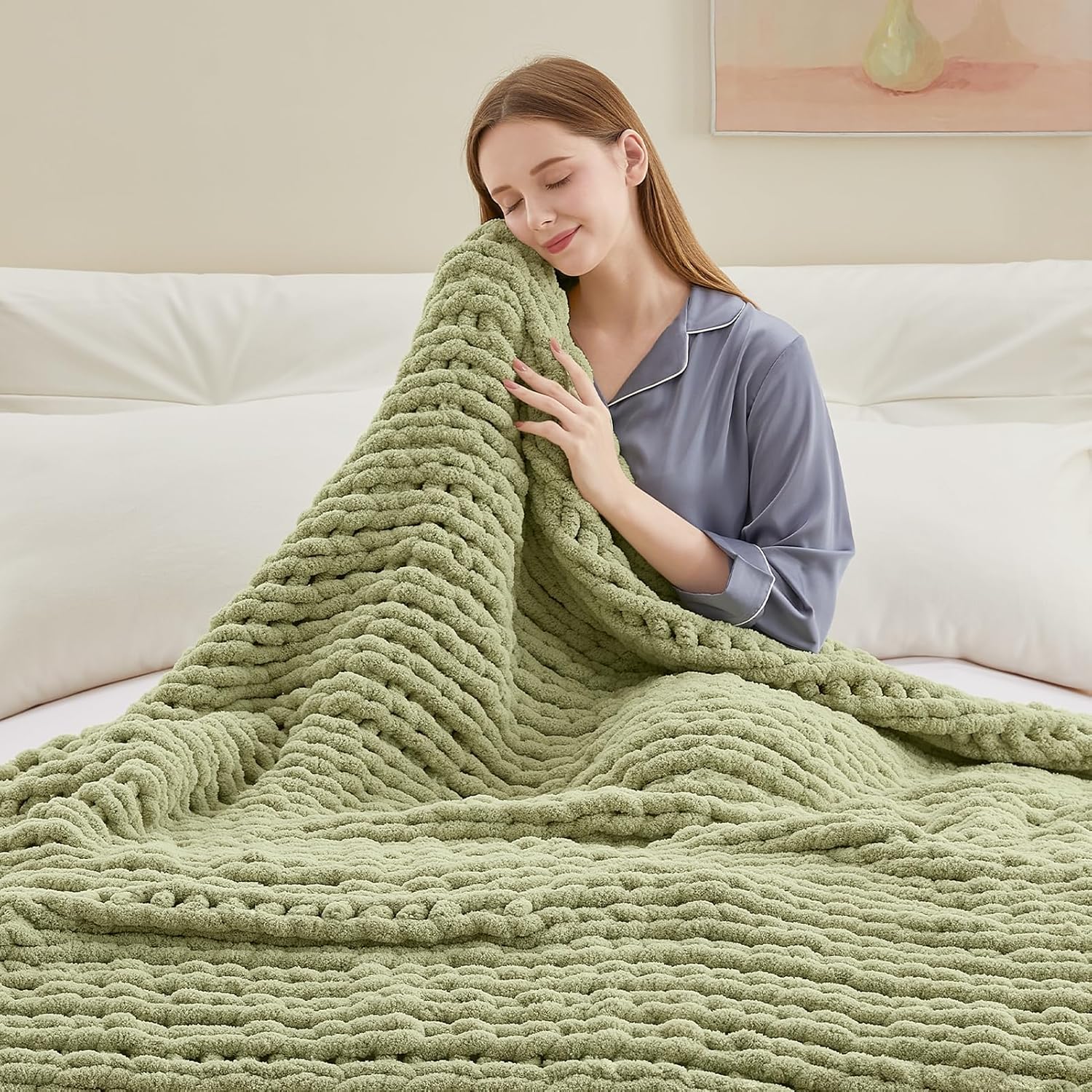 Chunky Knit Throw Blanket, 40''*50'' Knitted Throw Chenille Yarn for Bed Couch, Handmade Light