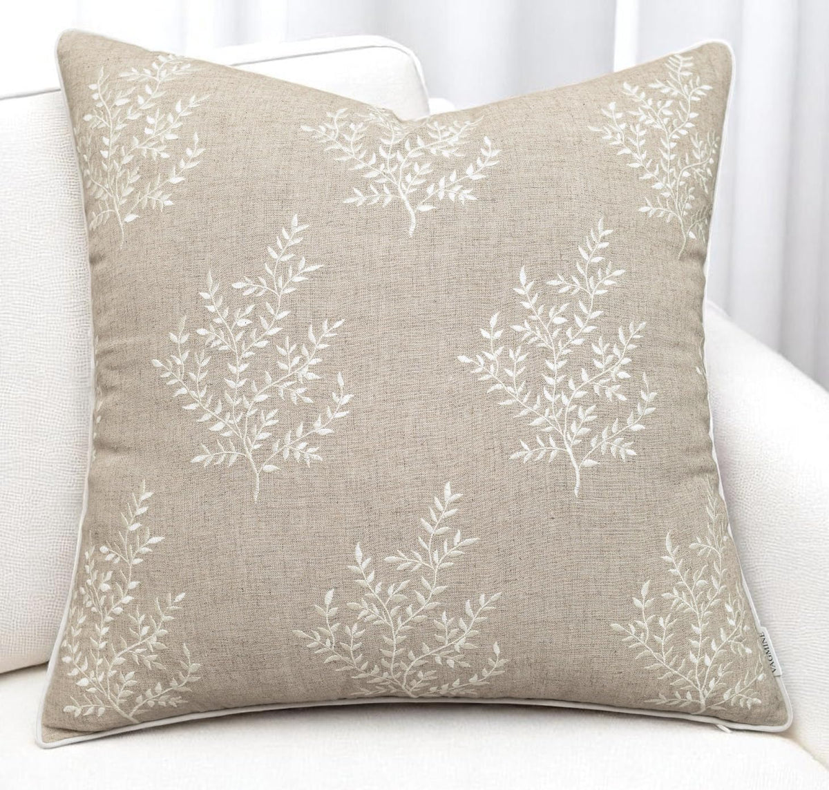 VAGMINE Embroidered Leaves Throw Pillow Cover - 20x20 Inches Square - 100% Linen Natural Throw