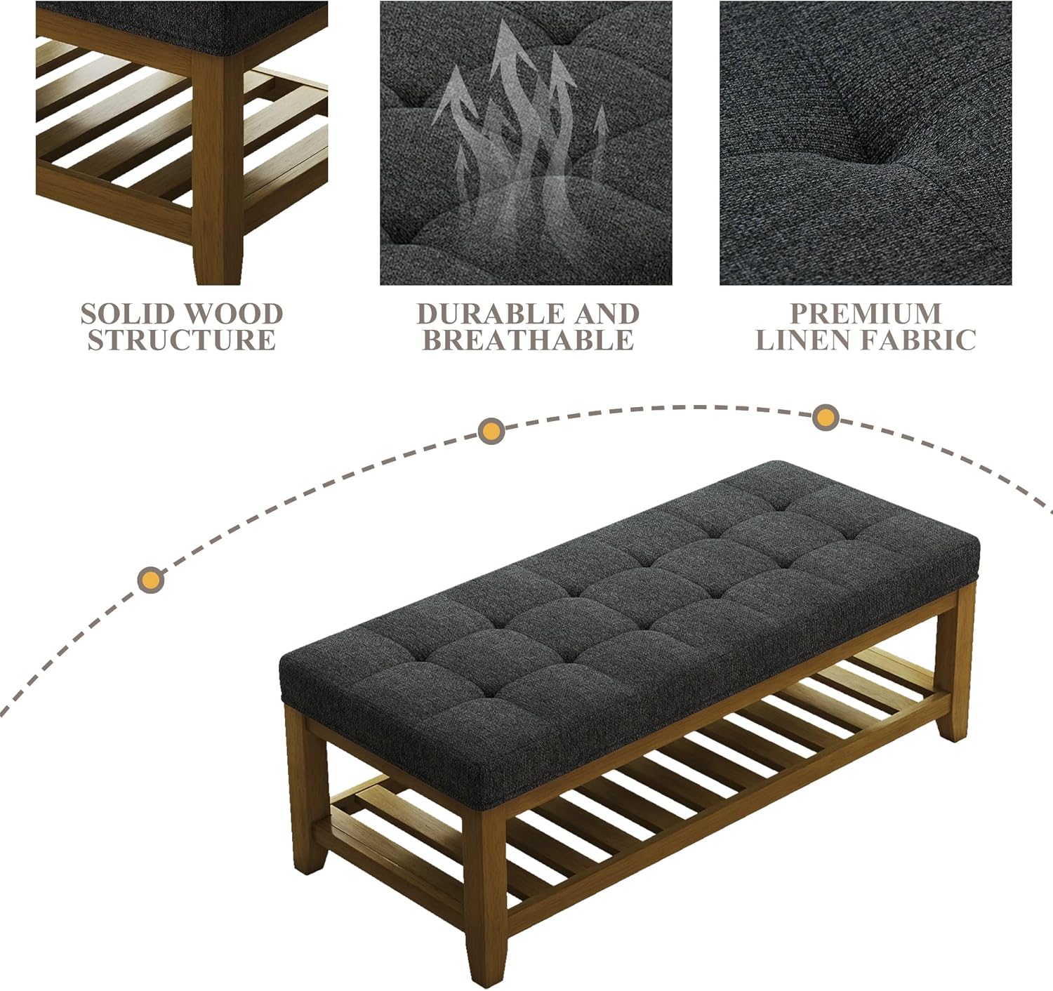 Large Rectangular Upholstered Ottoman Bench, Linen Tufted Footrest Ottoman with Solid Wood Shelf